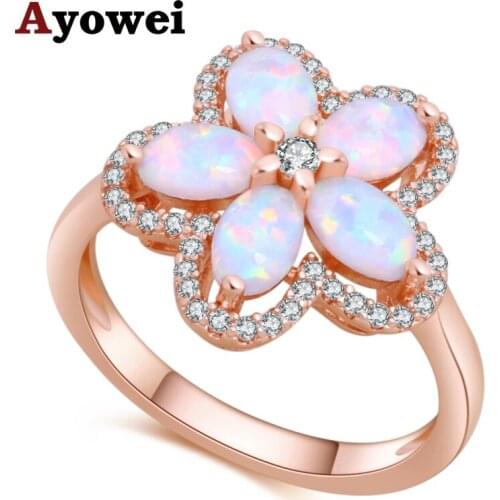 Ayowei white flower-shaped rose gold opal 925 silver stamped ring beautiful gift OR921A