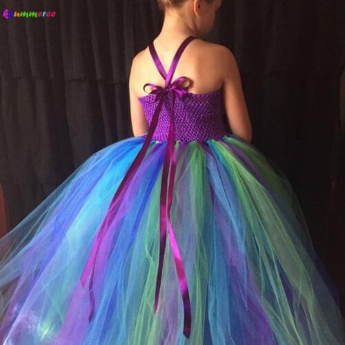 Turquoise and Purple Tulle Peacock Feather Tutu Dress for Girls Kids Pageant Clothing Children Evening Gown Party Dress