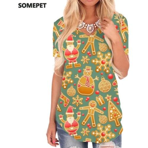 SOMEPET Christmas T Shirt Women Santa Claus Tshirts Printed Animal Shirt Print Snowflake V-neck Tshirt Womens Clothing Hip hop