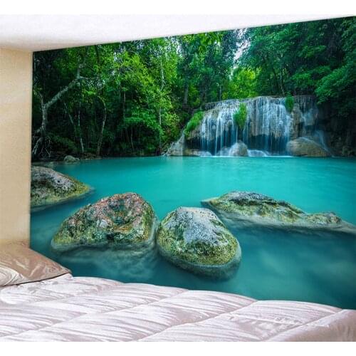 Secluded Forest Waterfall Home Art Tapestry Bohemian Decorative Tapestry Hippie Yoga Mat Sheets Large Size Sofa Blanket