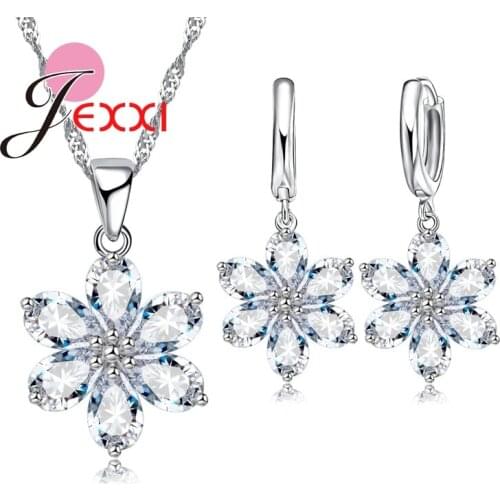 Exquisite Clear Crystal Flower Woman Wedding Jewelry Set Beautiful 925 Sterling Silver Necklace + Earrings Pendant