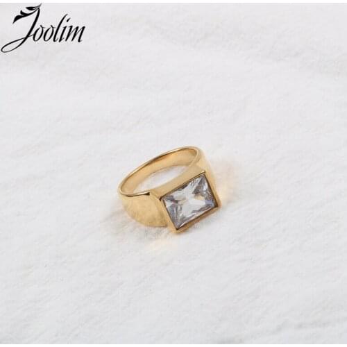 Joolim High End 18K Gold PVD 2021 New Square Zircon Super Flash Rings for Women Stainless Steel Jewelry Wholesale