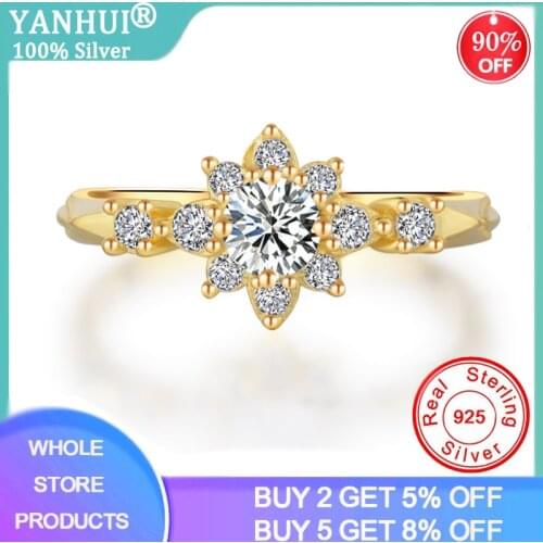 YANHUI Charms 14K Gold Color Sun Flower Rings For Women Main Stone 0.5ct Zirconia Diamond Crystal Rhinestone Silver 925 Jewelry