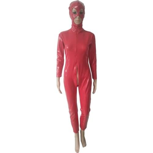 Novelty men Womens PVC Faux Leather Full Jumpsuit Bodysuit Cosplay Costumes Catsuit Clubwear with removable hood