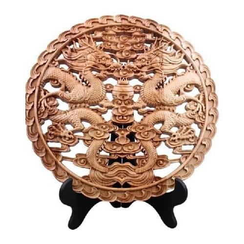 Copper Brass CHINESE crafts decoration Asian 30cm China handwork carved peach wood two dragon wall plate Sculpture statu