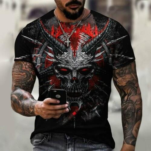 Viking 2021 hot summer top street fashion mens T-shirt black skull horn 3D T-shirt mens casual loose short pullover T-shirt