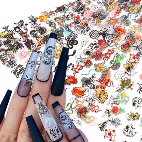 Nail Stickers Ins Color Halloween Funny Cartoon Snake Pattern Japanese Skull Animal Nail Art Decoration Transfer Stickers Nails