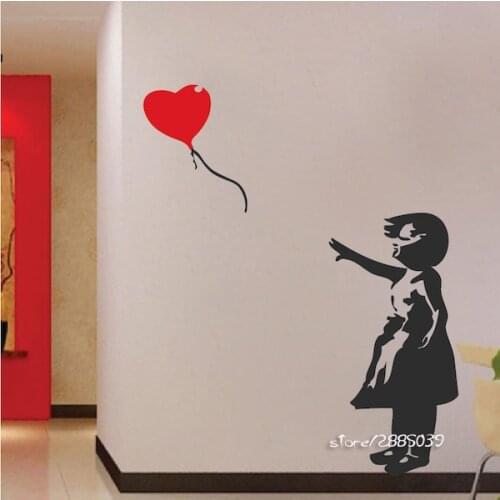 Wall Stickers Home Decor Girl with Red Heart Balloon Street Graffiti Vinyl Art Decal DIY Self-adhesive Wallpaper Mural SA777