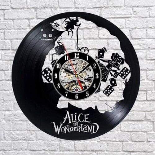 12" Vinyl Record Wall Clock Alice in Wonderland We are all Mad Style Clocks for Living Room Silent Vintage CD Hanging Clock