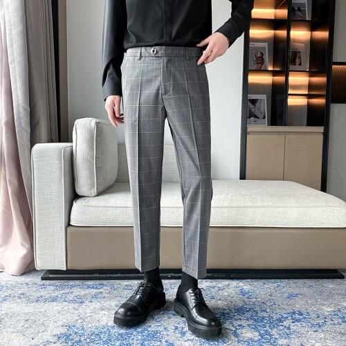 2021 New Plaid Suit Pants Men Classic Business Dress Pants Office Social Casual Slim Fit Pants Streetwear Wedding Trousers