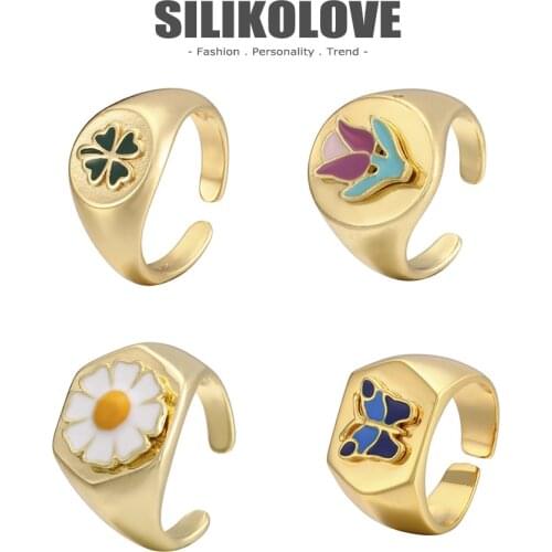 SILIKOLOVE New Daisy Clover Opening Rings Set for Women Men Gold Plant Adjustable Knuckle Ring