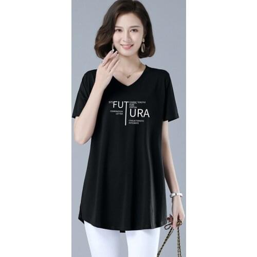 New Women T-shirt Summer 2021 Large Size Casual V-Neck Short Sleeve All-match Mid-Length Loose T-shirt Elastic Tees Tops