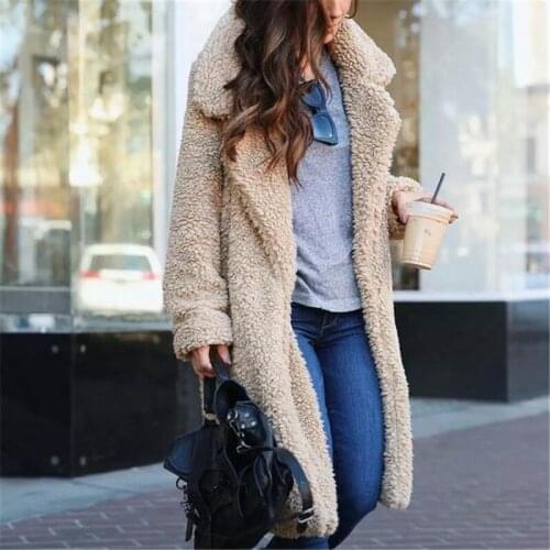 Women Winter Women Coat Fashion Solid Wool Blends Long Coat Vintage Turn Down Collar Streetwear Faux Fleece Coats Overcoat