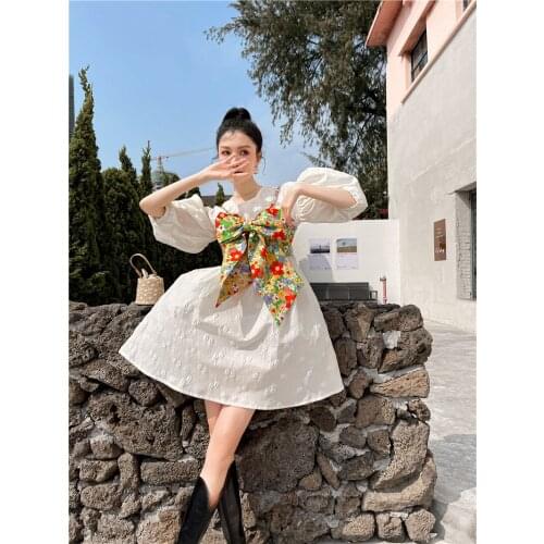 Dress female summer French retro print suspender bow jacquard vest round neck slim waist puff sleeve knee length dresses set