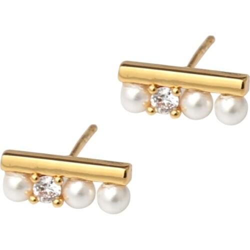 925 Sterling Silver With 18K Balance Bar Faux Pearl Zircon Stud Earrings Punk Party Gown Boho Runway Korean Japan Style