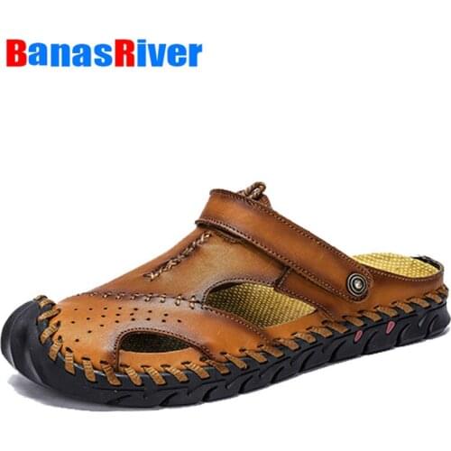 Men Soft Sandals Comfortable Summer Cow Leather Soft Handmade Roman Summer Flip Flop Outdoor Sport Beach Shoes Big Size 38-48