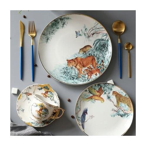 Nordic Light Luxury Ceramic Cutlery Plate Golden Animal Jungle Fruit Plate Dessert Plate Western Plate Set Home Decoration Plate