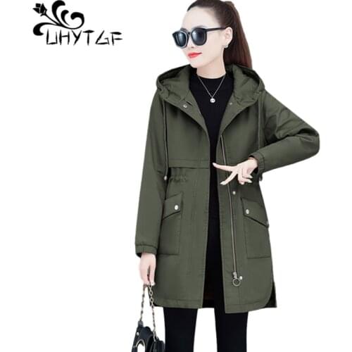 UHYTGF Women Trench Coat Plus Velvet Thicken Hooded Warm Autumn Winter Windbreaker Female Zipper Loose Large Size Outerwear 1210