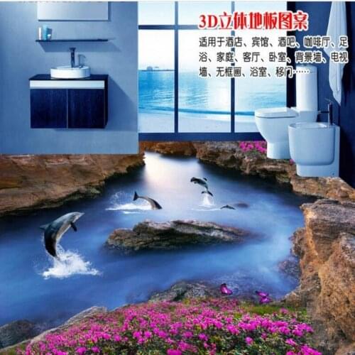 Wellyu Customized large mural pvc floor beautiful dolphin safflower thickened wear-resistant 3d waterproof floor stickers
