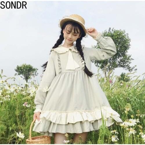 Japanese Kawaii Cute WomenS Lolita Dresses New Harajuku Ulzzang Doll Collar Long Sleeve Ruffle Sweet Girl Lolita Clothes Female