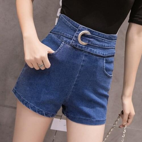 Women Belted Denim Shorts Summer High Waist Bodycon Korea Slim Jeans Bottoms Female