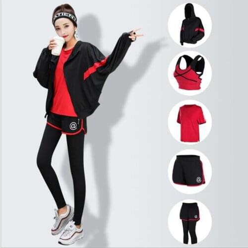 Women 5 piece yoga sets bra+t shirt+coat+shorts+pants breathable sports wear for women gym clothing workout clothes sport suit