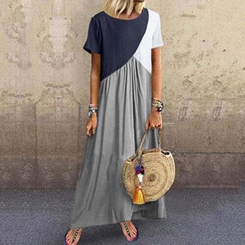 5XL Women Geometric Stitching Patchwork Contrast Boho Dress Ladies Short-sleeve Casual Maxi Beach Dress Large Size