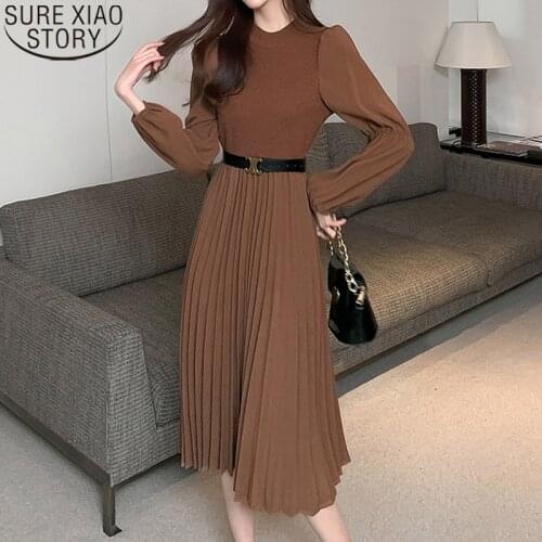 Office Lady French Chic Long Sleeve Pleated Dress Knitted Splicing High Waist Dresses for Women Brown Vestidos Feminino 12444