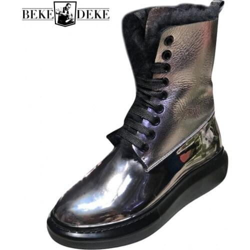 Winter Warm Sheep Shearing Mid Calf Unisex Snow Boots Fashion Genuine Leather Lace Up Thick Bottom Round Toew Plus Size Boots