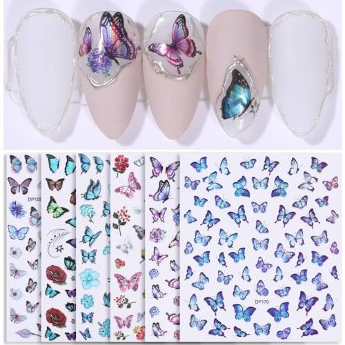 1pcs 3D Laser Blue Butterfly Nail Art Stickers Adhesive Sliders Silver Butterfly Spring Flower Nail Art Decals Foils Wraps Decor