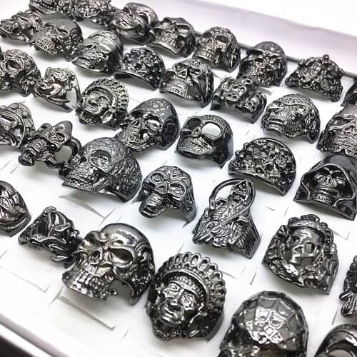 30pcs/Lot Top Black Skull Rings Fashion Mens Skeleton Punk Rock Style Gothic Biker Jewelry Ring Wholesale