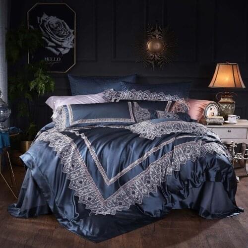 Noble 100S Egyptian cotton Tencel Silky Bedding sets Queen King Luxury Lace Edge Royal Duvet cover Bed sheet set Europe Blue 4pc