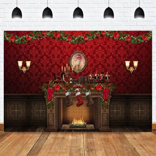 Red Christmas Family Party Backdrop Photocall X-mas Tree Fireplace Christmas Sock Background Wreath Flowers Winter Photo Studio