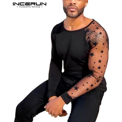 INCERUN Men T Shirt Mesh Patchwork See Through Long Sleeve O Neck Casual Tee Tops 2021 Streetwear Nightclub Party T-shirts S-5XL