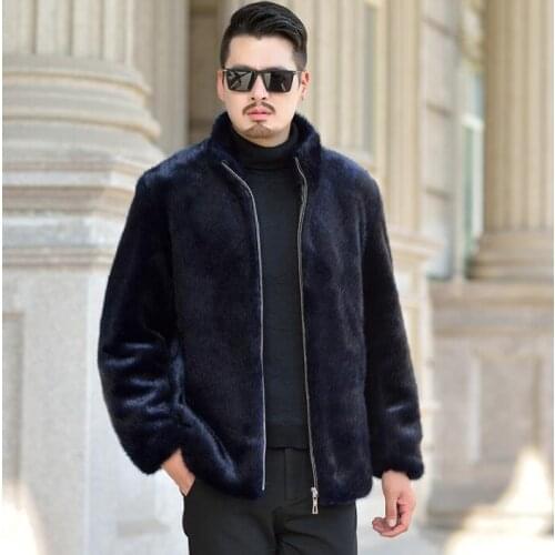 Autumn blue faux mink fur leather jacket mens winter thicken warm fur leather coat men loose jackets stand collar fashion b146