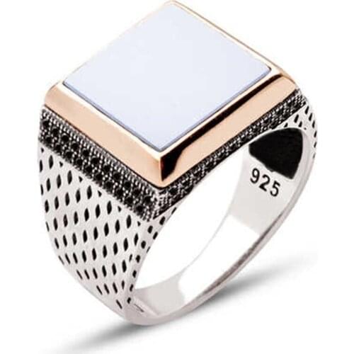 Silver Pearlescent Cubic Zirconia Zircon Embellishment Square Male Ring