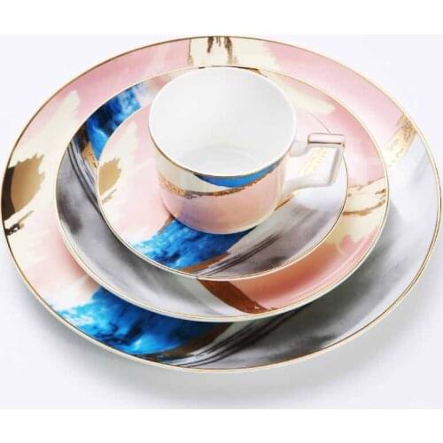 Dinnerware Set Plate Coffee Cup And Saucer Gold Pink Plate Scrawl Dessert Watercolor Dishes Tableware Set Flat Tray 8/10inch