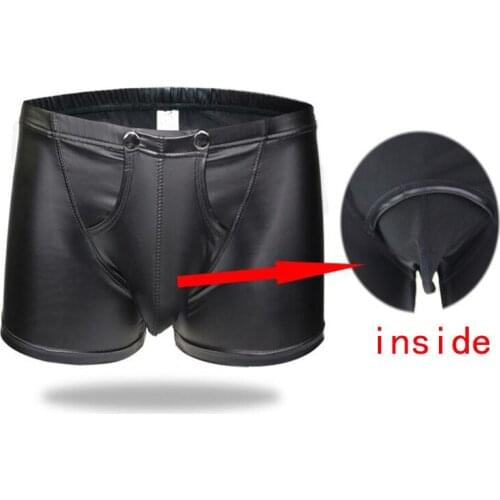 2018 Novelty Sexy Black Faux Leather Boxer Shorts Erotic Wrap Penis Underwear Fetish Gay Male Lingerie Trunks M-XXL