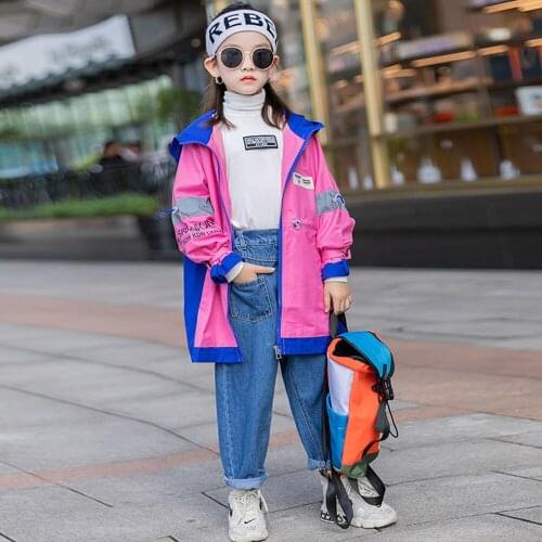 2021New Girls Coat Spring And Autumn Long Paragraph Trench Coat For Zipper Garment Hooded Childrens Dresses Trend Korean Coat