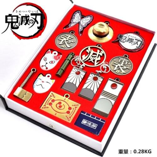 New 14 Pieces/set Demon Slayer Keychain Set Blade Peripheral Nidou Mask Kumamon Tanjiro Earrings Weapon Model Metal Keychain Set