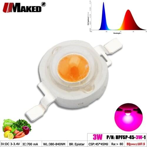 Wholdesale LED Beads 3W 45mil 3.2-3.4V 700mA Full Spectrum 380-840 Plant Growing Light Chip For Aquarium Light Hydroponice Lamps