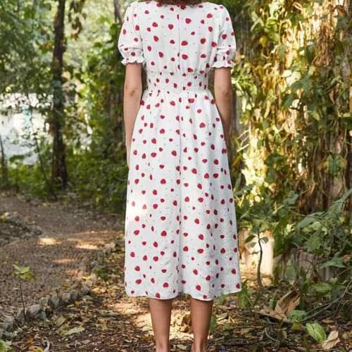 Strawberry Dress Sweet Cute White Summer Short Sleeve Party Holiday Elegant Midi Dress 2021 Korean Style Fashion Female Clothes