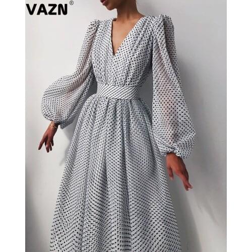 VAZN 2021 Spring High-end Holiday Elegant Chiffon Dee V-Neck Full Sleeve European and American Womens Ball Gown Maxi Dress