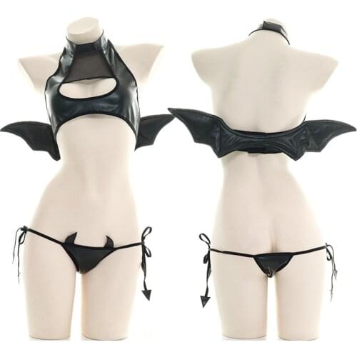 Sexy Halloween Demon Slayer Anime Cosplay Costumes for Women Girls My Hero Academia Pu Leather Black Wing Haikyuu Devil Costume