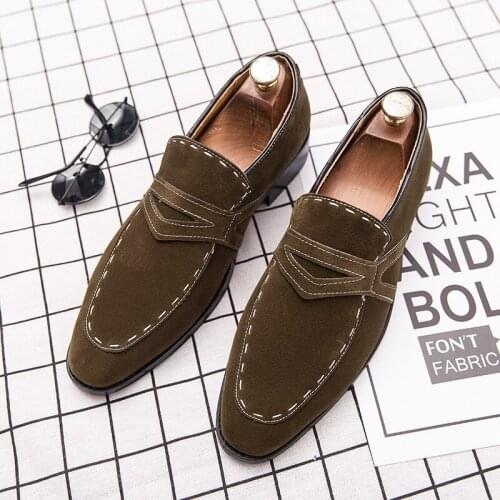 IMOSOIKO Mens Casual Shoes British Style Open Thread Set Foot Loafers Frosted Leather Square Head Small Leather Shoes Size 47