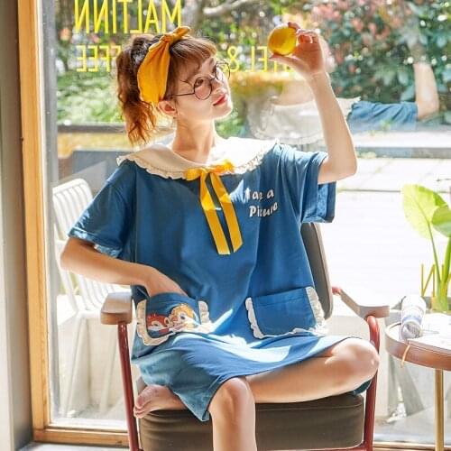 Womens Summer Thin Cotton Short Sleeve Plus Size Loose Fairy Style Maternity Skirt Blue Colour Nightgown Set