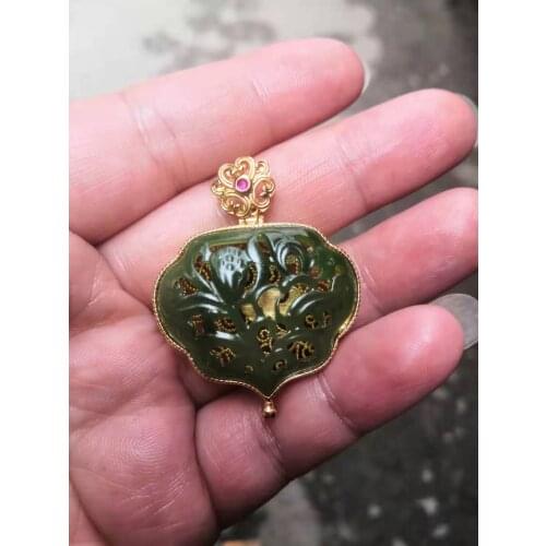 100% Natural green jade pendant with gold 925 sterling silver necklace heart jade necklaces pendants for women marcasite jewelry