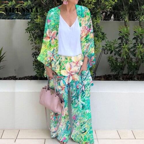 Autumn Long Sleeve Loose Women Sets Spring Floral Print Tops Cardigan + Wide Leg Pants Suit Casual Pockets Loose Vintage Outfits