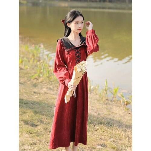 Summer New Japanese Womens Dress Retro Girl Navy Collar Needs a Long Dress Travel Bow Lantern Sleeve Loose Red Dress