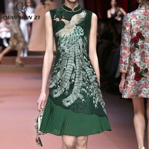 Qian Han Zi fashion summer dress cheongsam style vintage Phoenix embroidery high quality Paneled pleated dress Women new 2021